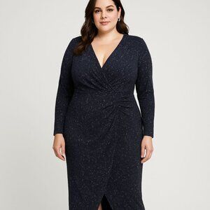 Plus Size Formal Gown  Navy Glitter Long Sleeve | Wrap Maxi Evening Dress 16W